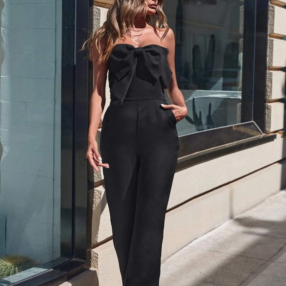 Black Preppy Womens Bow Front Straight Leg Tube Jumpsuit - Picture 5 of 5